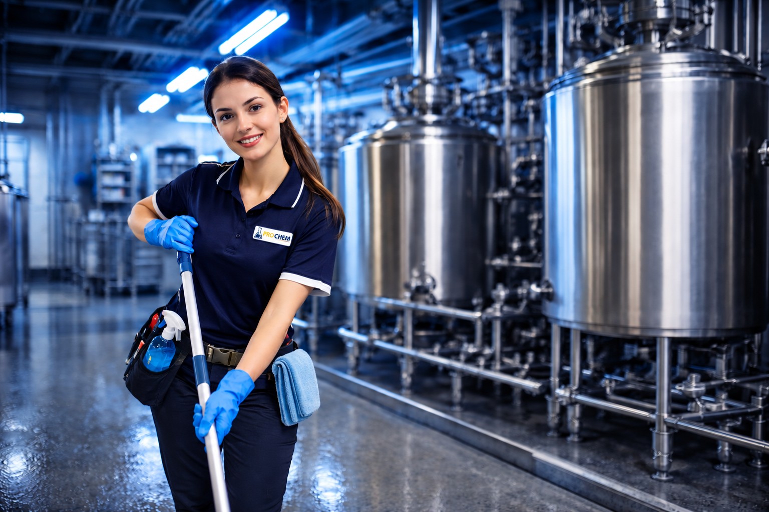 Profesional de Pro Chem realizando limpieza en una instalación industrial